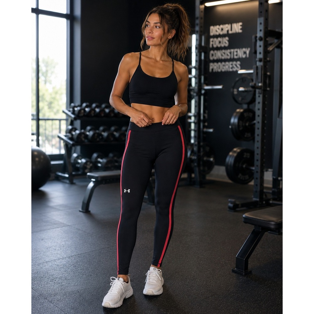 Under Armour Leggings Womens Small Black Red Side Stripe Activewear